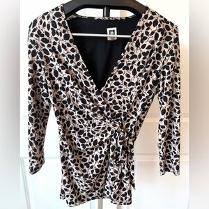 Anne Klein Black Beige Printed Wrap Top Tie Waist Long Sleeve Blouse Size Small